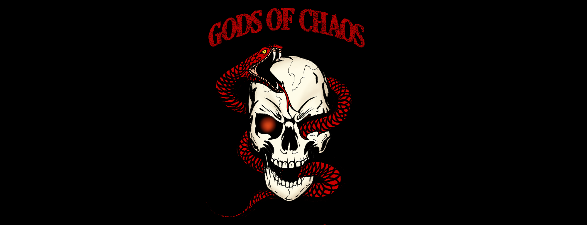 Skull with red eyes and a snake, surrounded by text 'GODS OF CHAOS' on a black background.